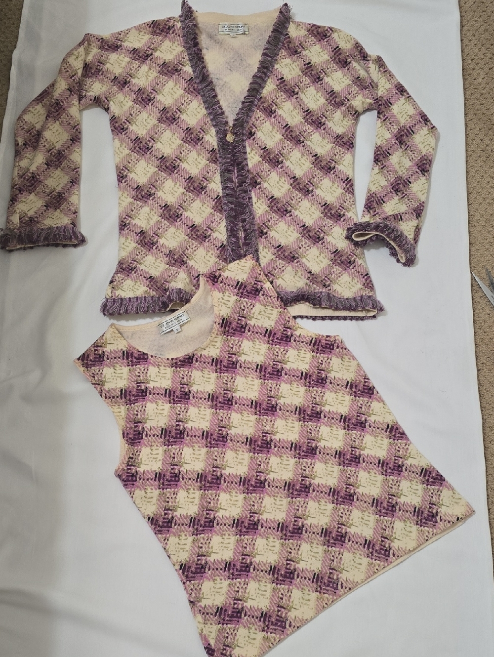 St. John Sport by Marie Gray Lavender‎ and Cream Plaid Fringe-Trim Cardigan /2pc